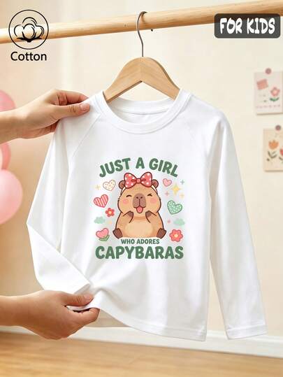 Girls Cotton Raglan Long Sleeve Tee For Fall Winter, Cute Cartoon Capybara With Red Polka Dot Bow And Colorful Hearts Flowers Print, Sweet Preppy