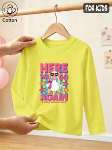 Girls Cotton Raglan Long Sleeve Tee For Fall Winter, Cartoon Duck Print With Stars, Cute Sweet Preppy Style - Bright Yellow - View 1