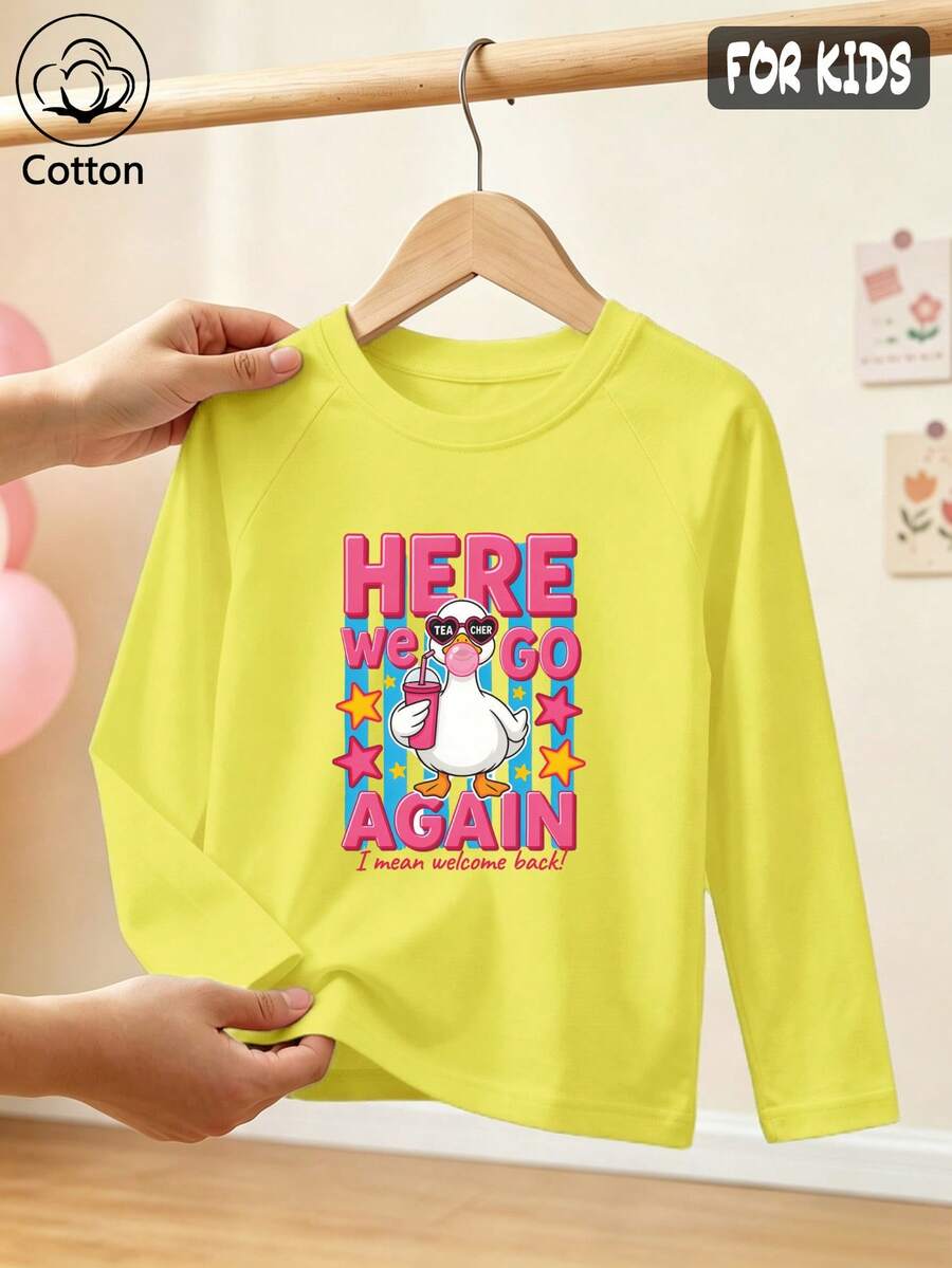 Girls Cotton Raglan Long Sleeve Tee For Fall Winter, Cartoon Duck Print With Stars, Cute Sweet Preppy Style - Bright Yellow - View 1