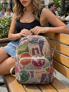 1 Piece Backpack, Women's Mini Backpack, Corduroy Girl's School Bag, Travel Storage Bag, Fun‑Printed Design, Large‑Capacity Foldable Easy‑To‑Store Bag, Lightweight And Pressure‑Relieving, Multi‑Pocket Layered Design With Zipper Closure - Stamp 3333742 - View 1
