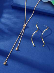 3pcs/Set Minimalist Basic Gold Y-Shaped Long Pendant Necklace & Spiral Stud Earrings Business Office Jewelry Set - Gold - View 3
