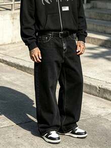 Men's Gothic Style Embroidered Loose Wide Leg Black Denim Jeans Street Casual Long Pants - Black - View 2