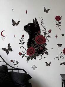 1pc Gothic Black Cat And Red Rose Wall Sticker, Dark Floral And Moon Butterfly Wall Decal, Removable Vinyl Decor For Bedroom And Living Room - D - View 2