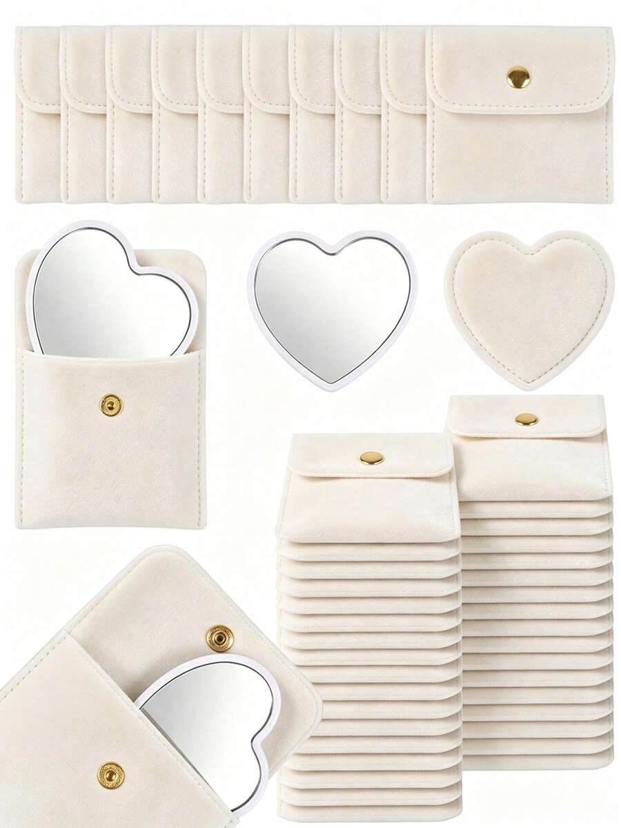 8/2pcs Heart-Shaped Makeup Mirror & Cosmetic Storage Bag Set, White Glass Makeup Mirror With Elegant Makeup Bag, Portable Heart-Shaped Mirror For Touch-Ups, Velvet Snap Button Storage Bag Jewelry Pouch - Multicolor - View 1