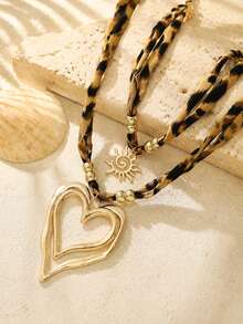 2pcs Bohemian Western Style Double Layer Leopard Print Cord Necklace, Gold Bead Heart Pendant, Suitable For Daily Wear - Multicolor - View 3