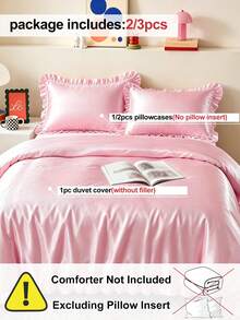 HONEYMOON 2/3pcs Luxury Satin Pink Ruffle Edge Duvet Cover Set, Ruffle Edge Tassel Duvet Cover Set, Solid Color Vintage Luxury Farmhouse Style Bedding Set, 3pcs Bohemian Style Ruffle Edge Tie Duvet Cover Set (Duvet Insert Not Included). Perfect Fit For Twin, Full, Queen, King And Other Bed Sizes. Suitable For Home Bedding, Dorm Supplies And Christmas Decor. Back To School Essential - Pink - View 4