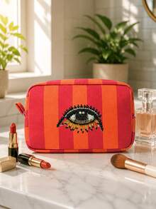 Evil Eye Striped Embroidered Makeup Bag, Bohemian Style Makeup Bag, Portable Makeup Bag, Makeup Storage Bag, Storage Bag, Toiletry Bag, Zipper Closure, Decorative Embroidery, Storage Organization, Large Capacity, Easy To Carry, Daily Storage, Travel And Business Trips - Multicolor - View 5