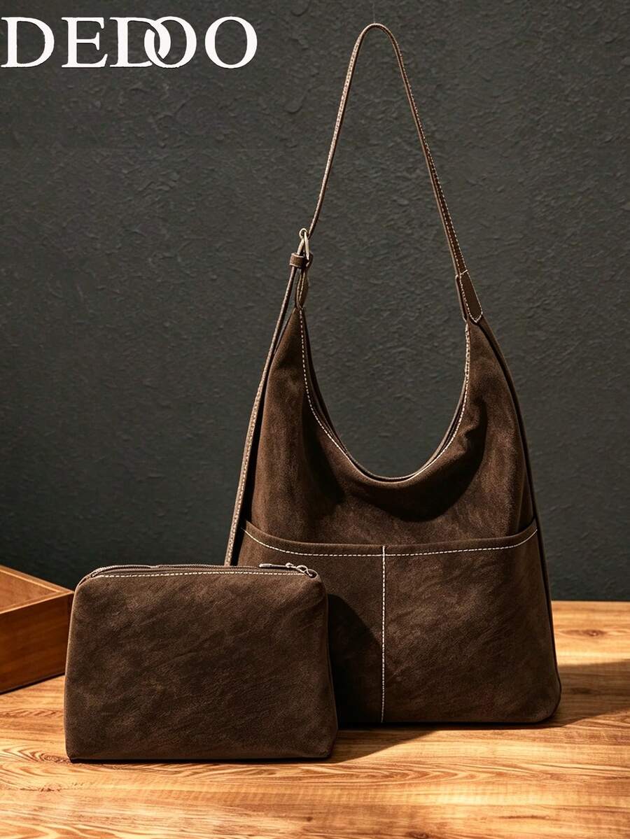 Dedoo Women's Suede-Like Hobo Shoulder Bag Set, Solid Color Vintage Matte PU, Contrast Stitching, Adjustable Strap, Large Capacity, Suitable For Autumn/Winter Student Daily Commute