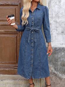 Women's Traceable Cotton Cinched Waist Long Denim Dress Casual - Blue - View 3