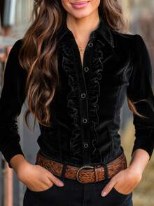 New Women's Long Sleeve Suede Shirt, Suitable For All Seasons, Lace Trim + Button Design, Elegant Vintage, Minimalist Premium, Fashionable Versatile For Daily Commute, Dating And Vacation Outfits - Black - View 1