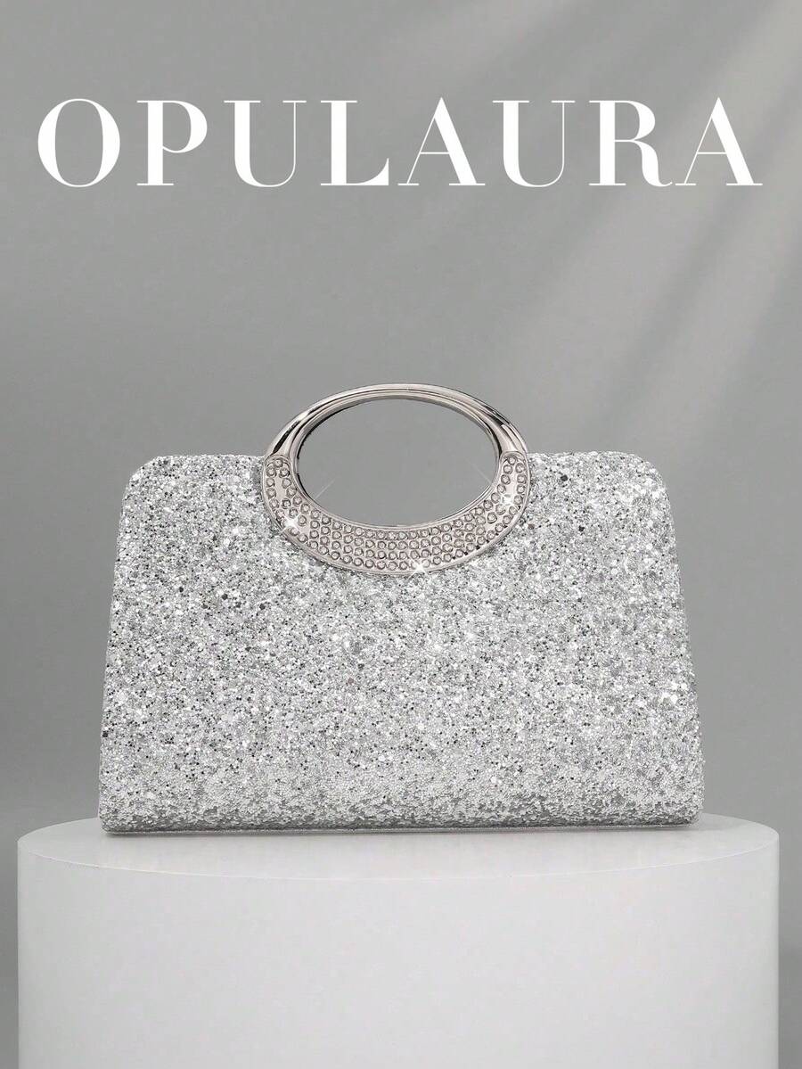 OpulAura 女士时尚闪亮水晶钻晚宴手拿包,奢华闪光鸡尾酒会手提包,适合正式礼服、派对、生日、婚礼 - 銀色 - 查看 1