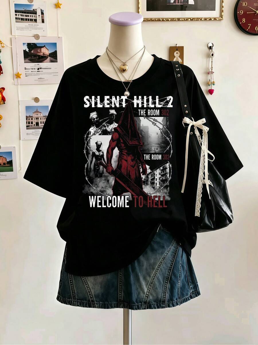 Silent Hill 2 Pyramid Head The Room 302 Horror Poster Graphic T‑Shirt, Plus Size Women Oversized Pure Cotton Gamer Fan Tee For Daily Outfit & Loungewe - Black - View 1