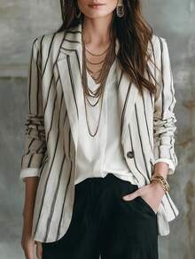 Women's Striped Woven Fabric Blazer, With Pockets And Button Details, Long Sleeve Regular Fit, Suitable For Fashionable Autumn Style - Black and White - View 2