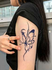 8 Pcs Blue Ink Floral Butterfly Temporary Tattoo Stickers, Sketch Rose & Gothic Butterfly Mixed Designs, Waterproof Body Art Decals For Ladies, Apply On Forearm, Waist, Shoulder, Hand, Vintage Cool Elegant Daily Decor - Black - View 9