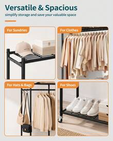 Clothes Rack, Heavy-Duty Garment Rack With Shelves & Wheels, Freestanding Wardrobe Organizer With Hooks, Ideal For Bedroom, Laundry, Or Balcony, 32.5" X 11.9" X 78.9" - Black - View 4