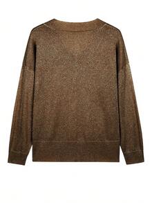 Plus Size Women Solid Color V-Neck Drop Shoulder Long Sleeve Casual Loose Knit Sweater, Autumn/Winter Vacation Brown Fall - Brown - View 4