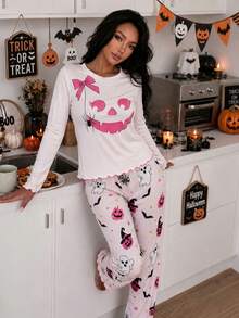Sweet Style Halloween Theme Long Sleeve Pajama Set For Women, Round Neck Bow Pumpkin Smile Print Short Top, Wavy Ruffle Cuffs And Hem, Long Pants With All-Over Ghost Bat Spider Web Pattern, Skin-Friendly Elastic Fabric, Home And Holiday Wear 2-Piece Set - Pink - View 5