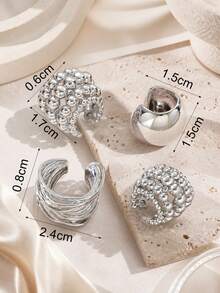 4pcs Women's Silvery Color C-Shaped Ear Cuffs, Layered Beaded & Smooth Non-Piercing Earrings For Daily Wear, Party, Gift - Silver - View 4