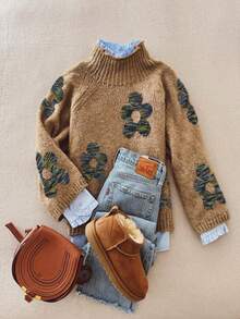 Vintage Women's Bohemian Style Floral Contrast Jacquard Knit Pullover Wool Sweater, Ribbed Details, Long Sleeve Regular Fit, Suitable For Autumn/Winter - Camel - View 1