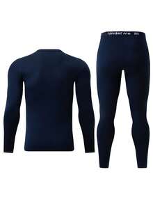 2pcs/Set Men's Thermal Underwear Set, Crew Neck Top + Pants, Winter Base Layer Tight Fit Innerwear - Navy Blue - View 4
