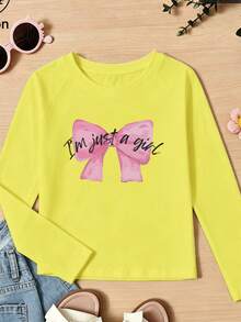 Girls Cotton Raglan Long Sleeve Tee For Fall Winter, Pink Bow Print With Black Lettering, Sweet Preppy Style - Bright Yellow - View 3