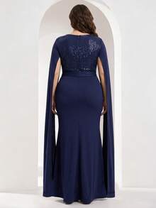 YISIKADO Plus Size Women's Elegant Navy Blue V-Neck Long Dress, Colorblock Sequin Fitted Bodice, With Rhinestone Belt Buckle And Flowing Cape Sleeves - Navy Blue - View 2