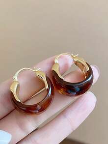 1 Pair Autumn/Winter Design Brown C-Shaped Water Drop Hoop Earrings, Versatile Daily Wear, Gift For Friends - Multicolor - View 3