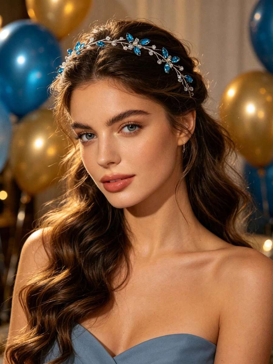 2pcs Vintage Lake Blue Rhinestone Headband, Fresh Elegant Bridal Wedding Accessory - Blue - View 1