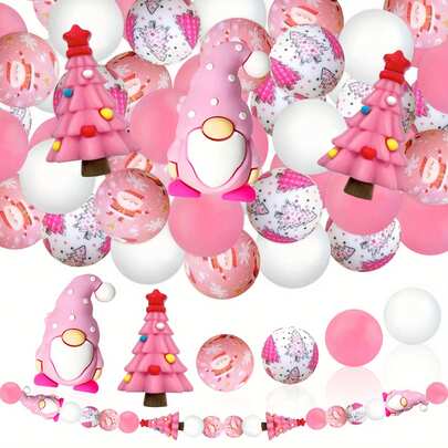 28PCS Pink Christmas Silicone Beads Set, Christmas Tree & Christmas Gnome 3D Shaped, Includes Floral & Tree Printed Round Beads, Pink & White Soft Color Combination, Christmas Theme Beads, Suitable For DIY Pen Beads, Jewelry Making & Decorative Accessories, Perfect For Holiday Gifts, Birthday Gifts, Christmas - Beads & Bead Assortments