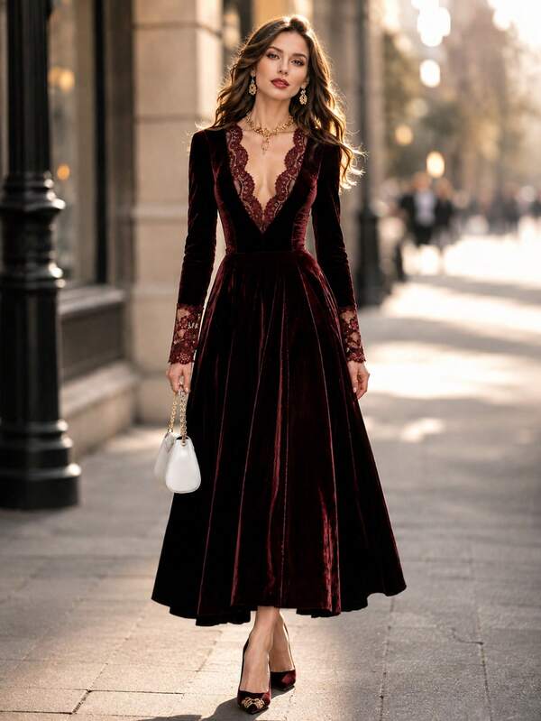Velvet & Lace Patchwork V-Neck Women's Dress, Elegant Vintage Long Sleeve Dress For Autumn