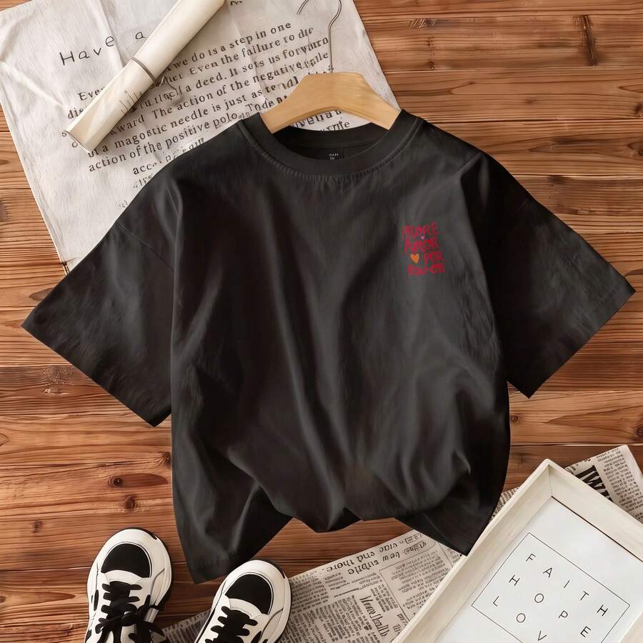 Camiseta Mujer Con Estampado Delantero Y Trasero Texto Con Corazones Manga Corta Holgada - Black - View 1