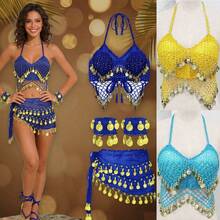 1 Set Handmade Sequin Beaded Tassel Camisole Bra With Multicolor Metallic Fabric Glitter Sequin Waist Belt Skirt Belly Dance Costume Stage Carnival Performance Outfit. Suitable For Party, Beach, Bohemian Vintage Style. - Multicolor - View 1