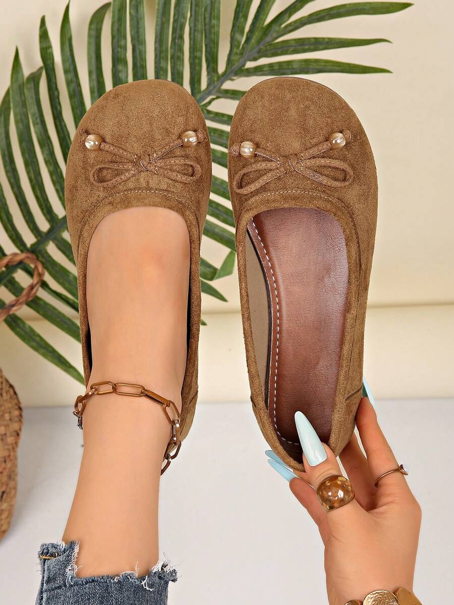 Spring Autumn New Faux Suede Ballet Flats, Round Toe Slip‑On Shoes, Bow Bead Decor Cute Versatile Low Vamp Flat Daily Shoes - Brown - View 1