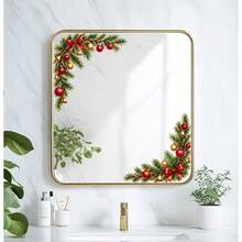 1pc Watercolor Christmas Pine Branch Corner Frame Decorative Glass Sticker, Red & Gold Christmas Ball, Bell, Bow Bathroom Glass Decorative Sticker - 25*25 cm - View 2