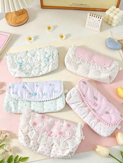 Cute Cartoon Quilted Makeup Bag, Lace Lace Pencil Case, Large Capacity Makeup Storage Bag, Portable Grooming Storage Bag, Pencil Case, Wallet Bag