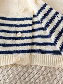 Infant & Toddler Boys' Academy Style Collared Long Sleeve Knit Cardigan Sweater, Colorblock Striped Double-Breasted Casual Versatile Jacket For Daily Wear, School, Spring, Autumn, Winter - Apricot - View 7
