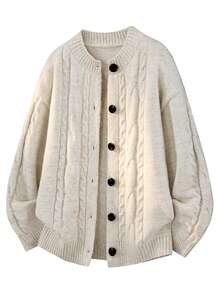 Men's Autumn/Winter Casual Retro Cable Knit Round Neck Solid Color Cardigan, Loose Fit Slouchy Sweater Jacket - Apricot - View 2