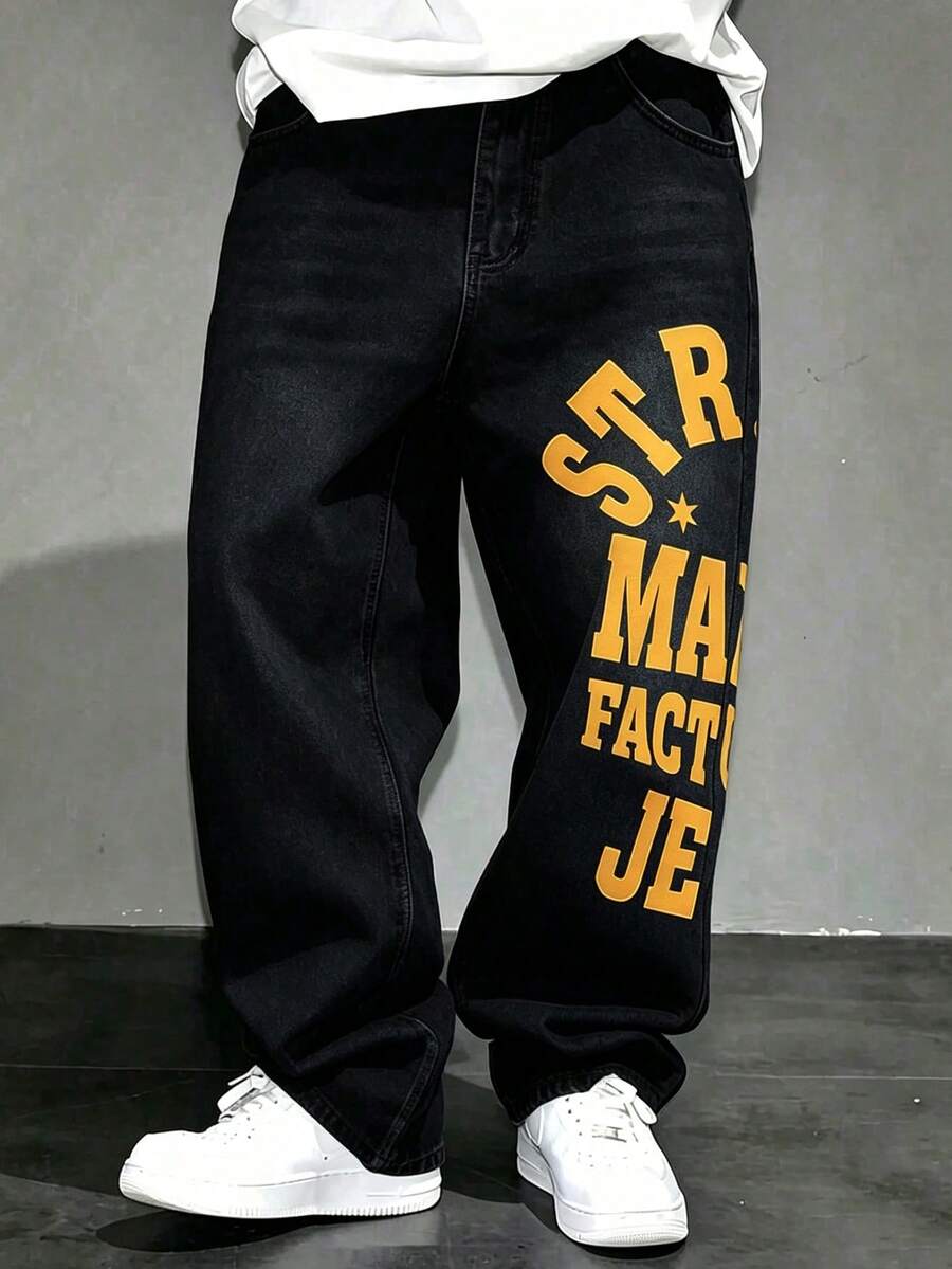 青少年男孩街頭生活系列日常百搭鈕扣口袋字母印花牛仔休閒長褲 - 黑色 - 查看 1