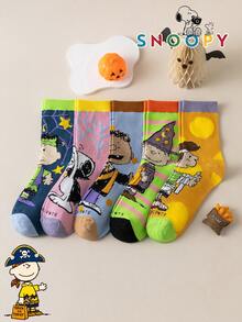 1/5/10雙 Snoopy 女款中筒襪，正版小狗與蝙蝠圖案，趣味卡通風格，萬聖節設計 - 彩色 - 查看 12