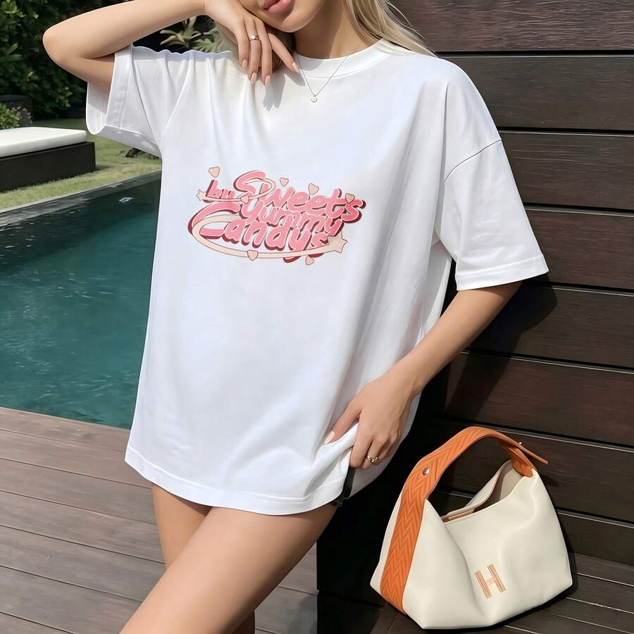 Cute Cotton Oversized T‑Shirt, Y2K 3D Bubble Sweets Yummy Candys Heart Star Graphic Drop Shoulder Tee For Travel Street Look - White - View 1
