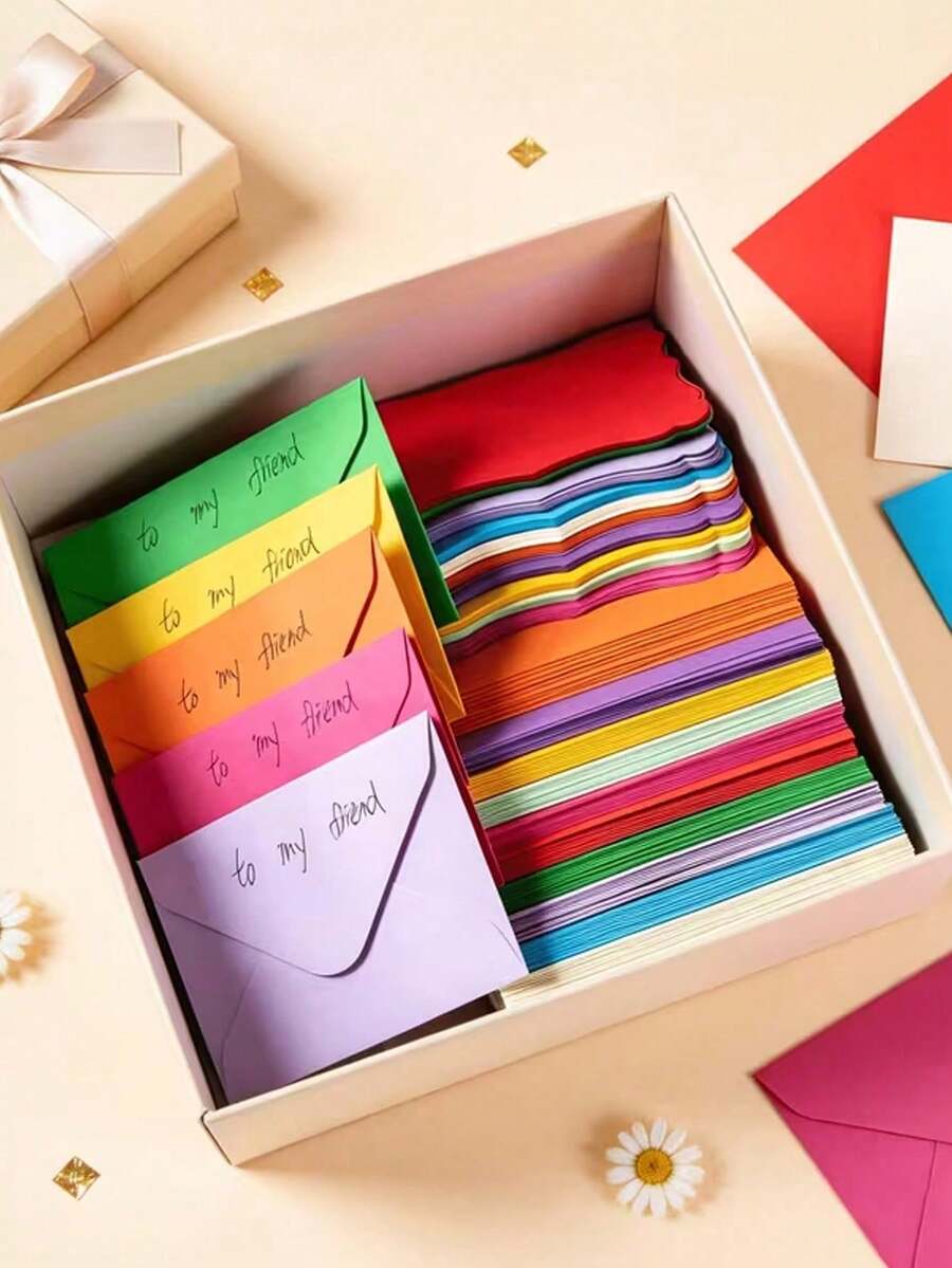 10/20/30/40pcs Stationery Set, Mini Wavy Edge Blank Greeting Cards & Colored Western Envelopes, Self Adhesive Seal Note Cards, Mixed Multi Colors Red Green Pink Ivory Purple Blue Gold Orange Kraft Brown For Party Invitation Gift Message - Multicolor - View 1