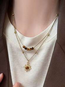 QTHOPE Kalung Bunga Matahari Emas Vintage dengan Batu Mata Harimau untuk Wanita, Desain Niche Rantai Sweater Berlapis, Aksesori Rantai Tulang Selangka Musim Gugur/Dingin - matahari - View 1