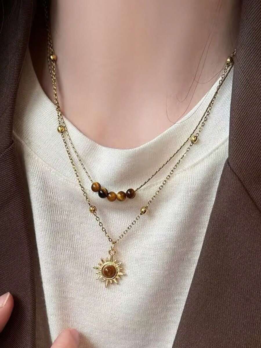 QTHOPE Kalung Bunga Matahari Emas Vintage dengan Batu Mata Harimau untuk Wanita, Desain Niche Rantai Sweater Berlapis, Aksesori Rantai Tulang Selangka Musim Gugur/Dingin - matahari - View 1