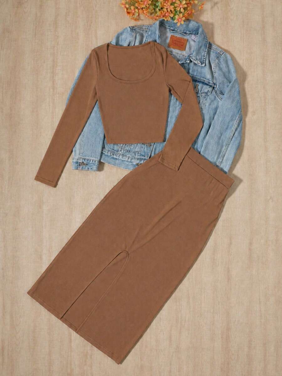 Women's Ribbed Long Sleeve Crop Top And Slit Midi Skirt Set, Casual Elegant Two Pieces Outfit, Autumn Essential - Coffee Brown - View 1