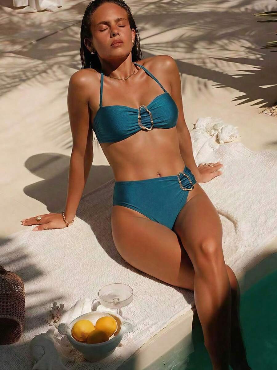 Women's Solid Color Spaghetti Strap Bikini Two Pieces Set, With Metal Accessory In The Middle, Suitable For Island Vacation Beach Summer - Teal Blue - View 1