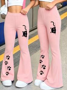 Cute Girls' Flare Pants, Black Cat Head & Paw Print Pattern High Waist ...