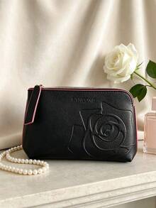 Lancôme Bolsa de cosméticos Lancome con rosa en relieve negro, bolsa de maquillaje de cuero sintético con ribete rosa, portátil y duradera, adecuada para uso personal y regalo, LANCOME‑GIFT‑30 - Negro - Ver 2