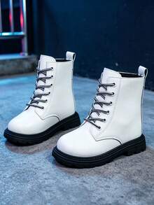 1 Pair Kids British Ankle Boots, Soft PU + Front Lace-Up Design, Round Toe Thick Sole Height-Increasing Casual Daily Style School Boots, Suitable For School And Vacation, Autumn/Winter New - White - View 7