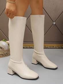 XfxfA Women's Fashion Back Zipper Chunky Heel Boots, Suitable For Street/Commute/Daily Casual Wear - White - View 5