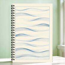 1 pieza Cuaderno con patrón de línea azul ondulada, estilo artístico minimalista, cuaderno de escritura, uso escolar, suministros de aprendizaje, buen artículo de registro de oficina, esencial para volver a la escuela - A - Ver 1